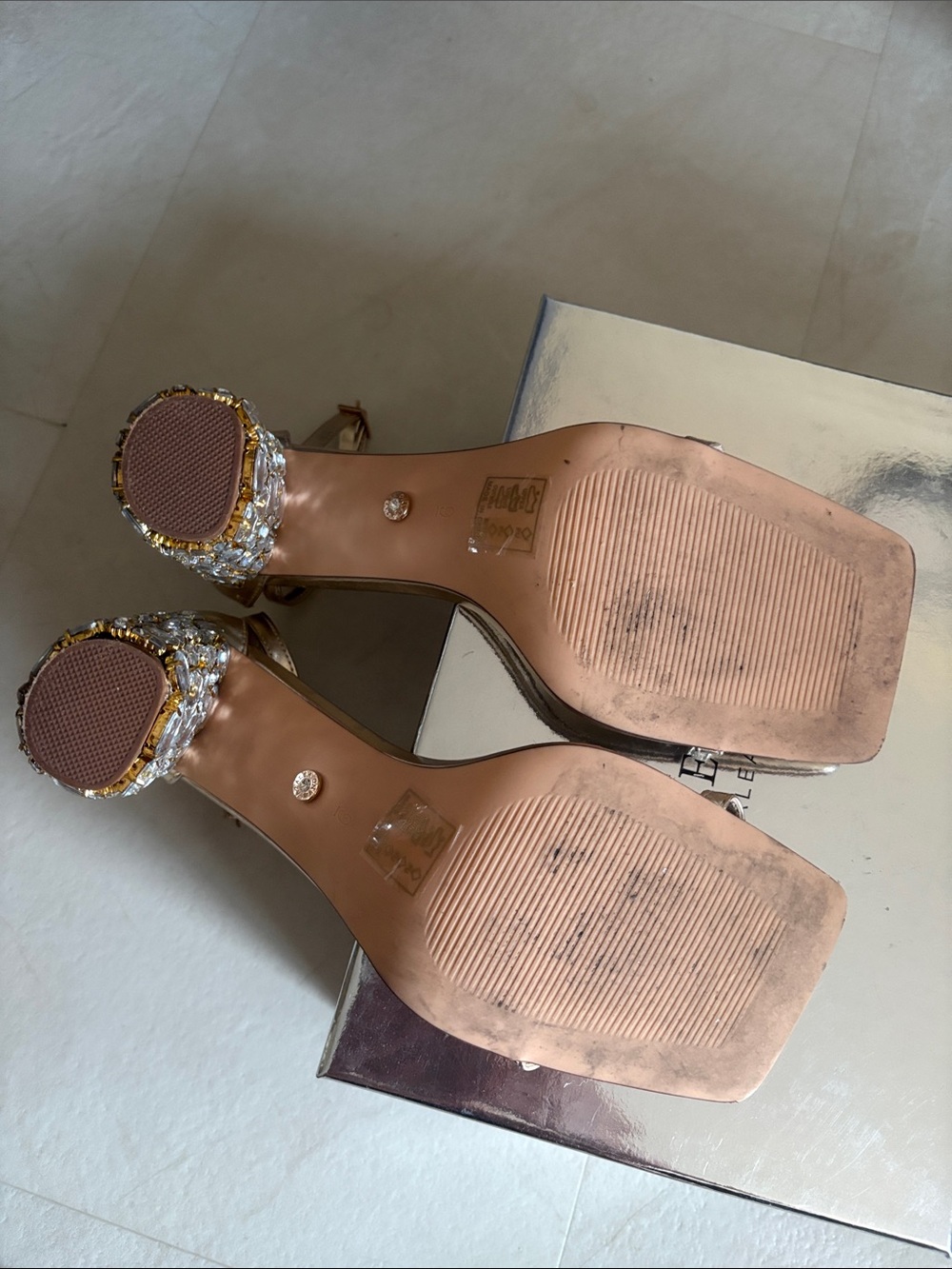 Azalea Wang Metallic Gold Crystal Block Heel Sandals - Picture 4 of 5